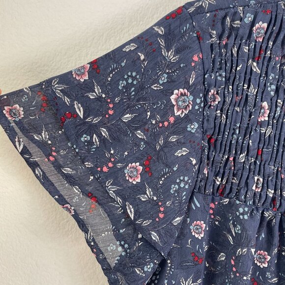 Knox Rose Womens XL Blue Floral Print Short Sleeve Semi Sheer Tunic Top Boho - Picture 10 of 10